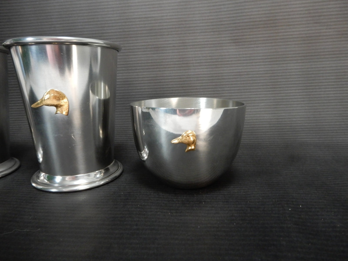 Kirk Stieff English Pewter 2 Julep Cups  and one Jefferson Cup w/Gold Ducks