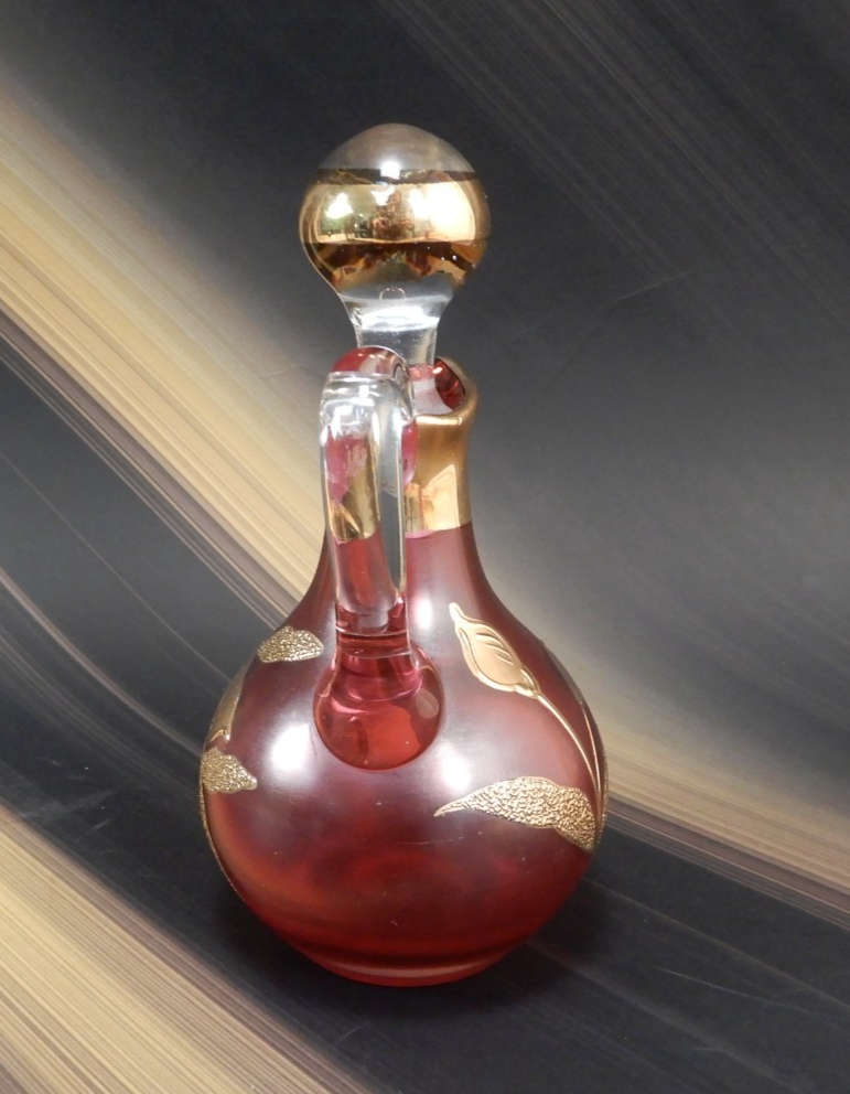 Vintage Bohemian Ruby  Red Glass Gold incustred Poppy Flowers Cruet with Stopper