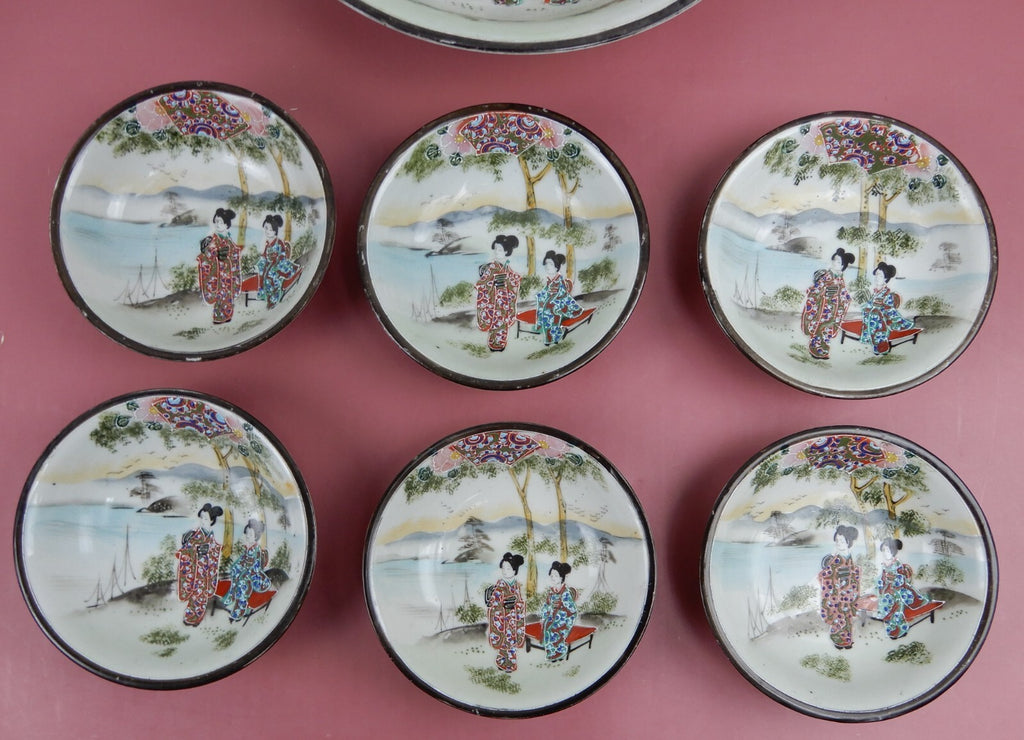 Geisha Girl Embossed Hand-Painted Japan Porcelain Bowl and 6 Berry Bowls Set