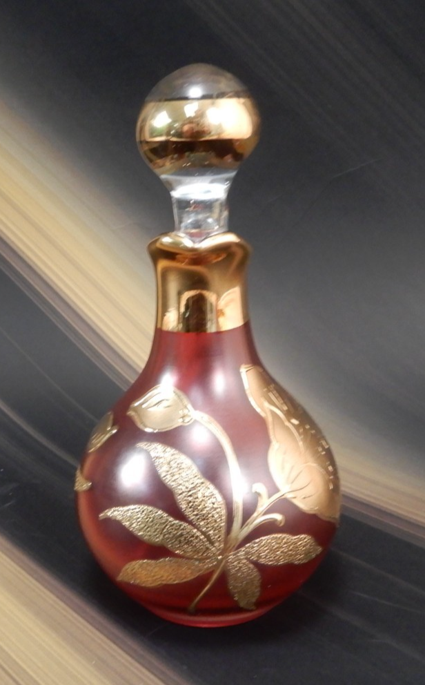 Vintage Bohemian Ruby  Red Glass Gold incustred Poppy Flowers Cruet with Stopper