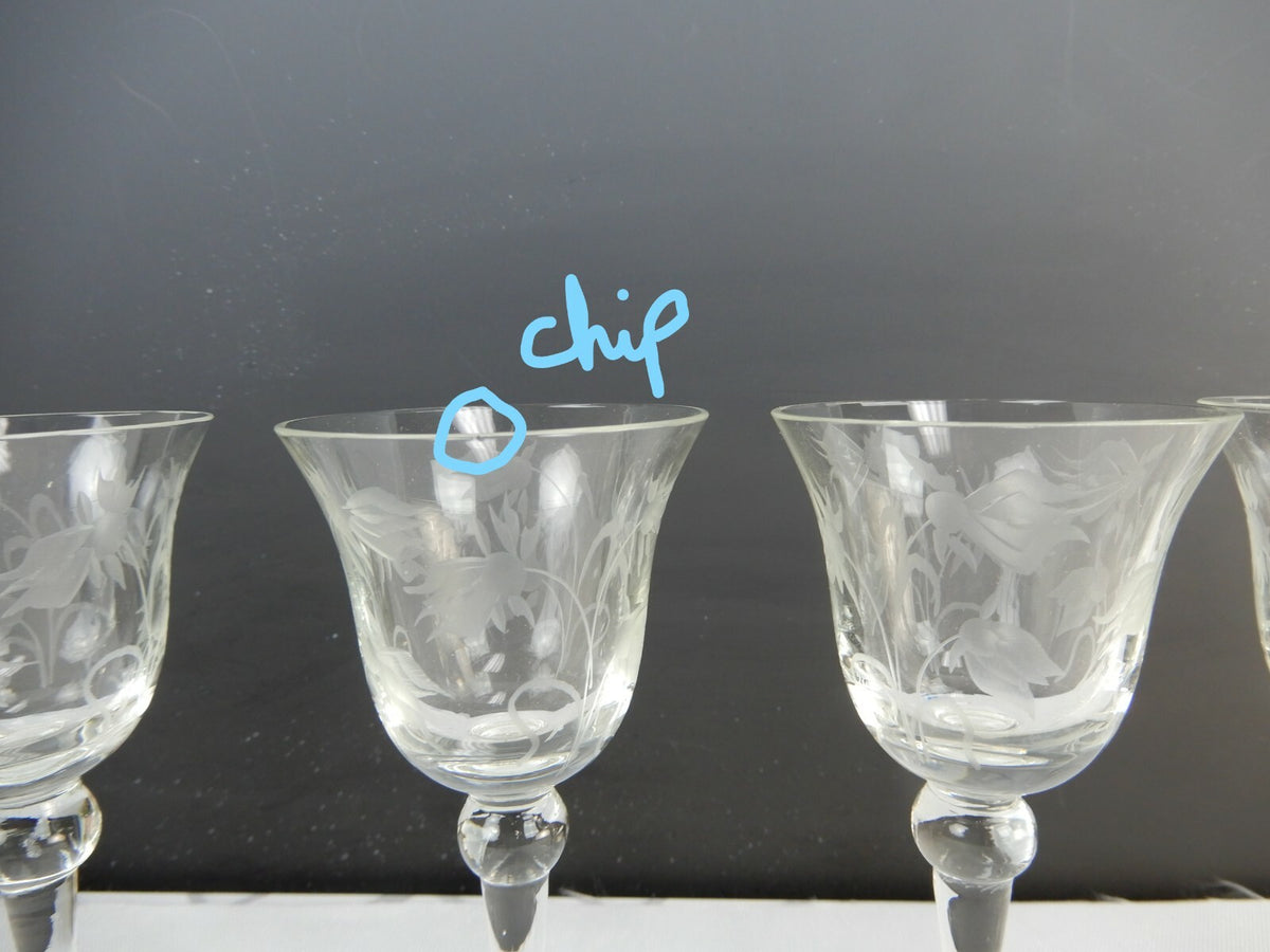 Set of 6  Elegant Etch Cordial Cocktail Glasses with Flowers