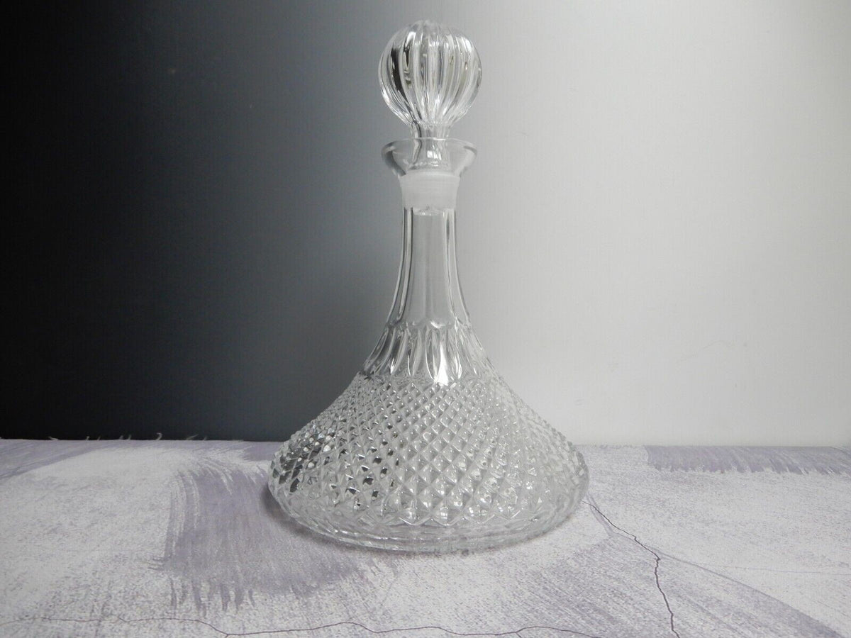 (7) Vintage Glass Diamond Pattern Ships Decanter and Drinking Glass Set