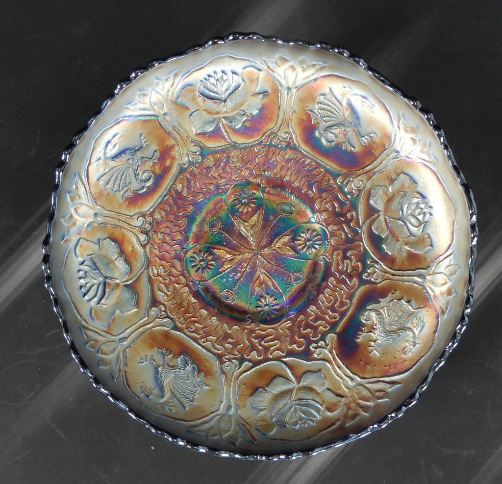 Fenton Amethyst Blue Carnival Glass Bowl Iridescent Dragon Lotus Pattern