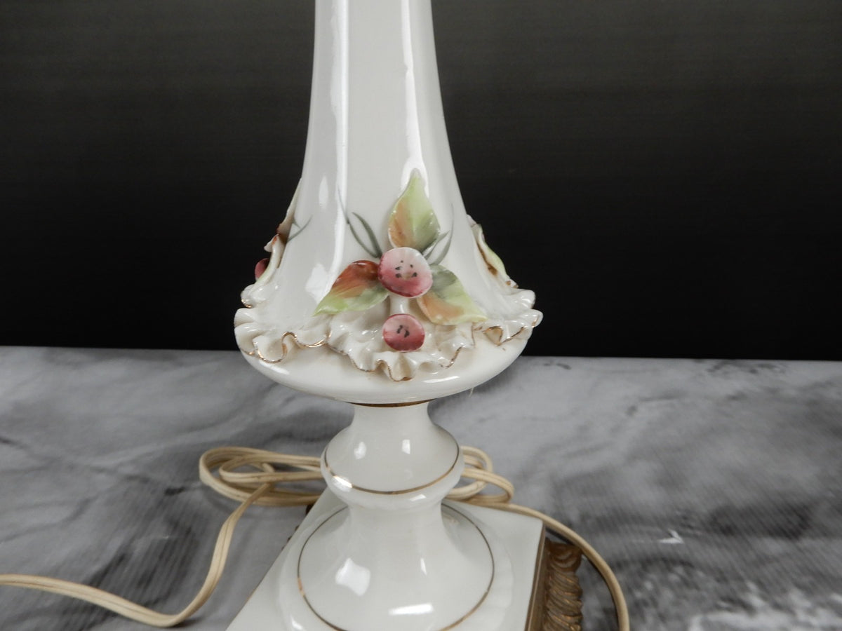 Vintage Porcelain Boudoir Table 3-Way Lamp with Applied Flowers 27" Tall