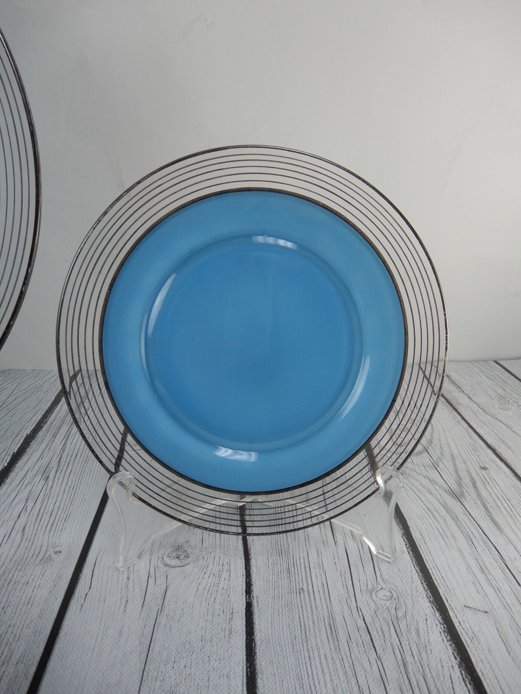 Set of Silver Rim Glass Blue Color Cake Plate and 8 Piece 7-1/2" Dessert Plates