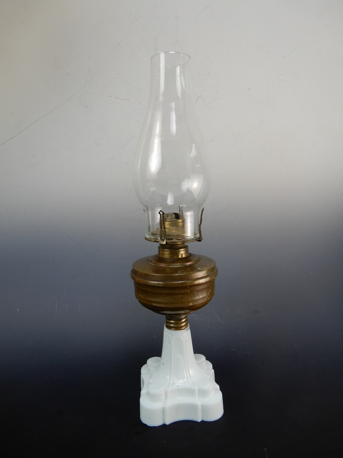 MFG Co No. 1 Queen Ann Burner White Milk Glass Base Oil Lamp