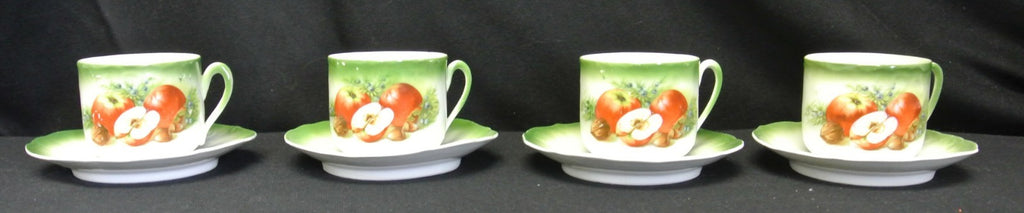 4 Vintage Lion Mark Made in Bavaria Green Cups & Saucers Decorated with Apples