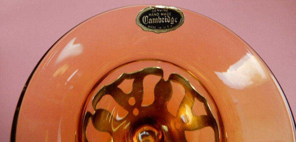 4 Cambridge Amber Colored Glass Inserts W/  2 KROME KRAFT Stems