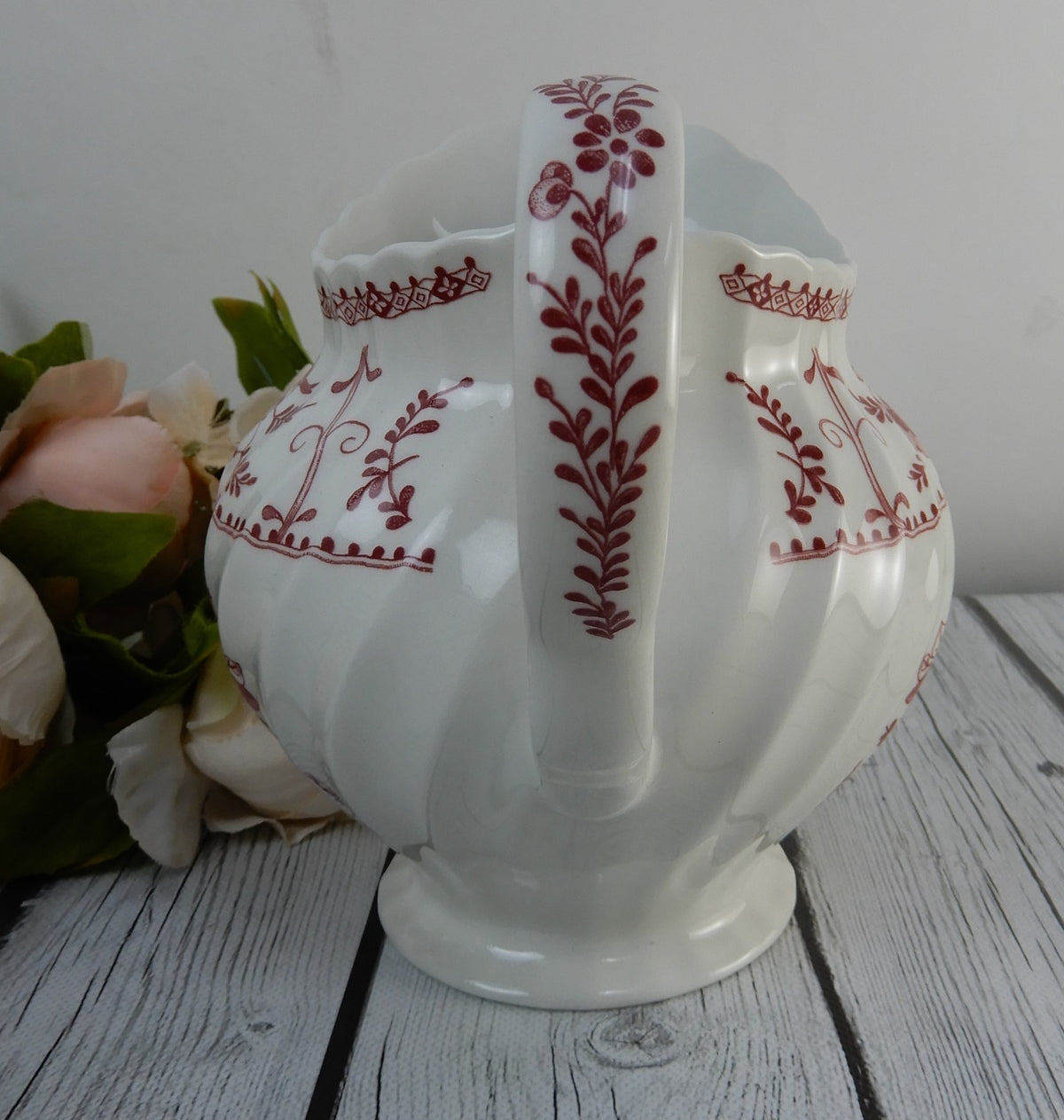 Vintage Johnson Bros. Indies White/ Pink Floral Ironstone Milk Jug England 32 oz