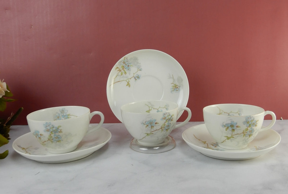 Antique Limoges A. Lanternier France Porcelain Blue Floral 3 Cups and Saucers