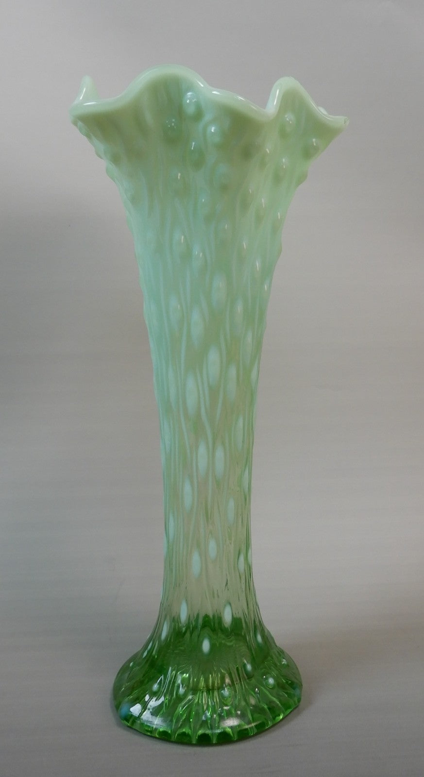 Antique Beautiful Northwood Swung Opalescent Green Glass Tree Trunk 11" Vase