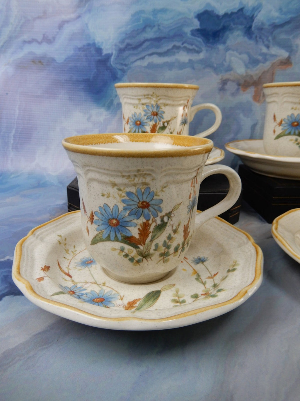 Vintage Mikasa Blue Daisies Cups and Saucers Set - Made in Japan