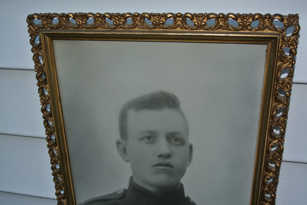 Vintage Antique Black and White Photo Print of Young Man In Meta Frame. Military