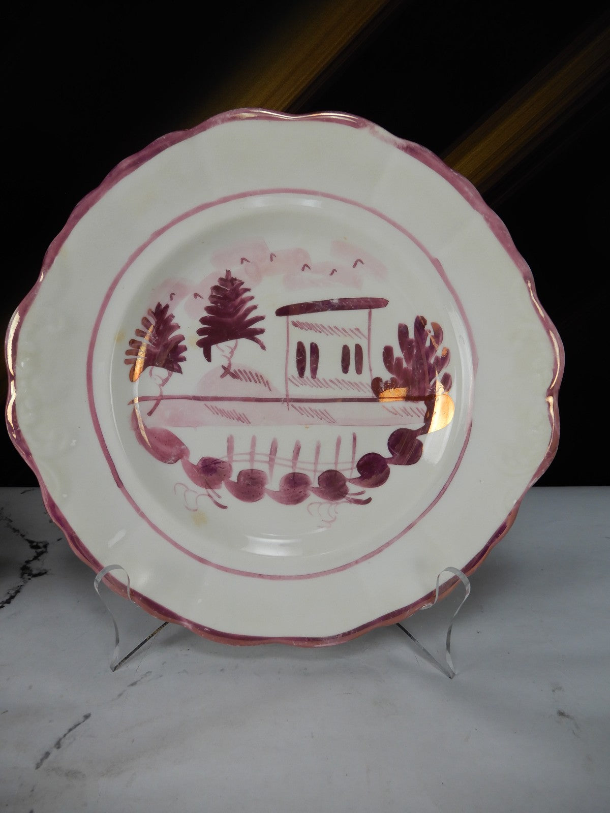 Antique Staffordshire Pink Luster Pearlware Embossed Handled Plates