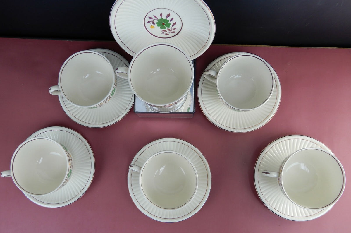 Vintage Set of 6 Wedgwood Etruria Luster Ribbed Cups and Saucers