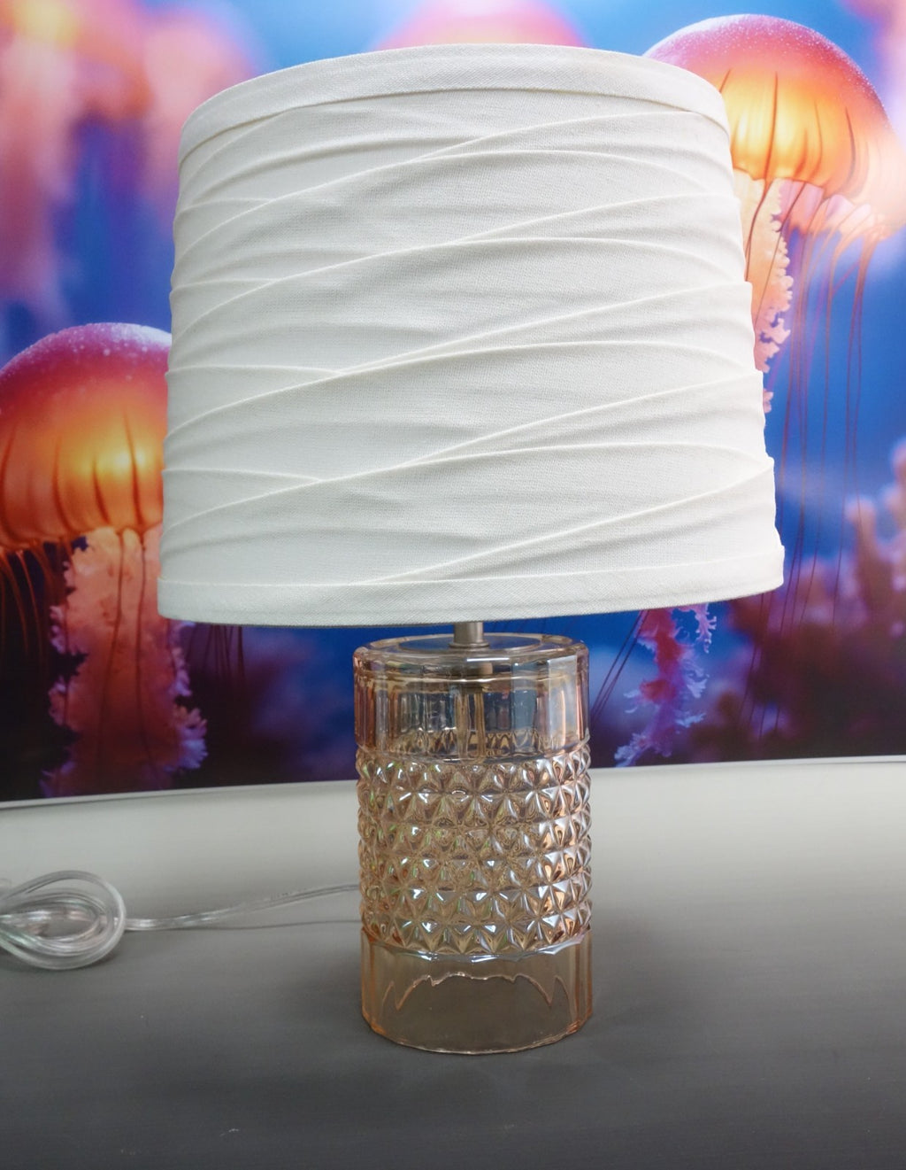Diamond Point Glass Cylindrical Amber Color Accent Table Lamp with Fabric Shade