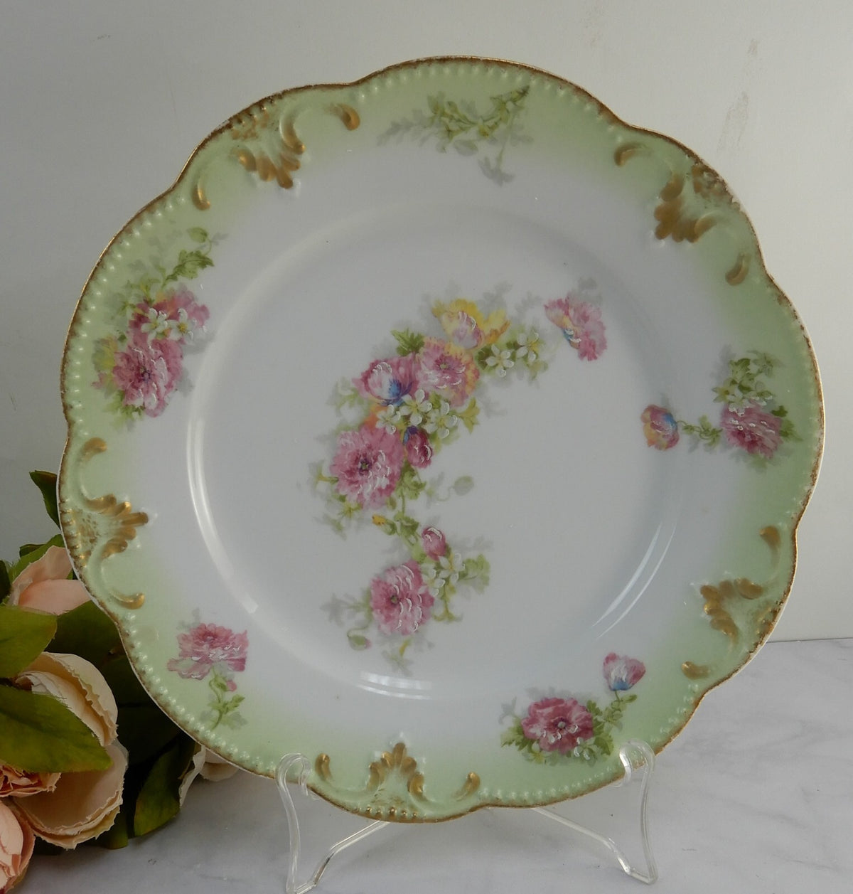 Vtge Limoges  AK CD France Gold Rim Hand Painted Pink Roses 10-1/4"