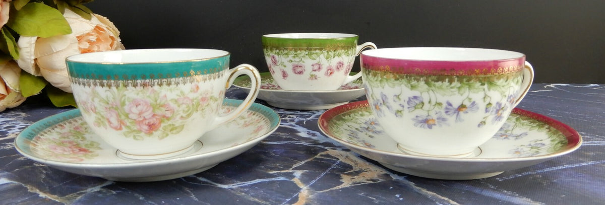 Set of 3 Cups and Saucers with Flowers Made in Austria (Eagle Flying Mark)