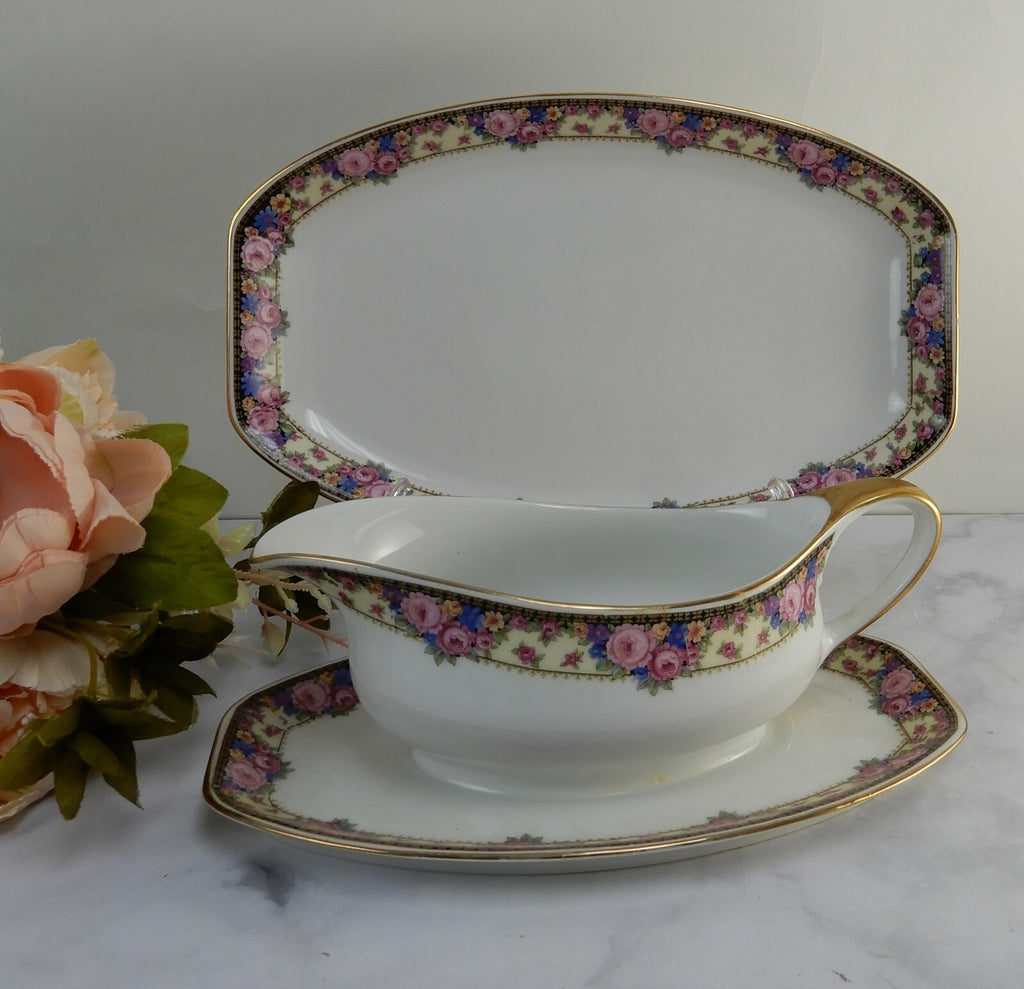 Vintage Edelstein Bavaria 11-1/8" Platter and Gravy Boat w/Attached Underplate