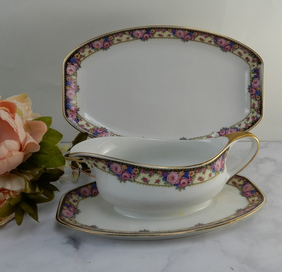 Vintage Edelstein Bavaria 11-1/8" Platter and Gravy Boat w/Attached Underplate