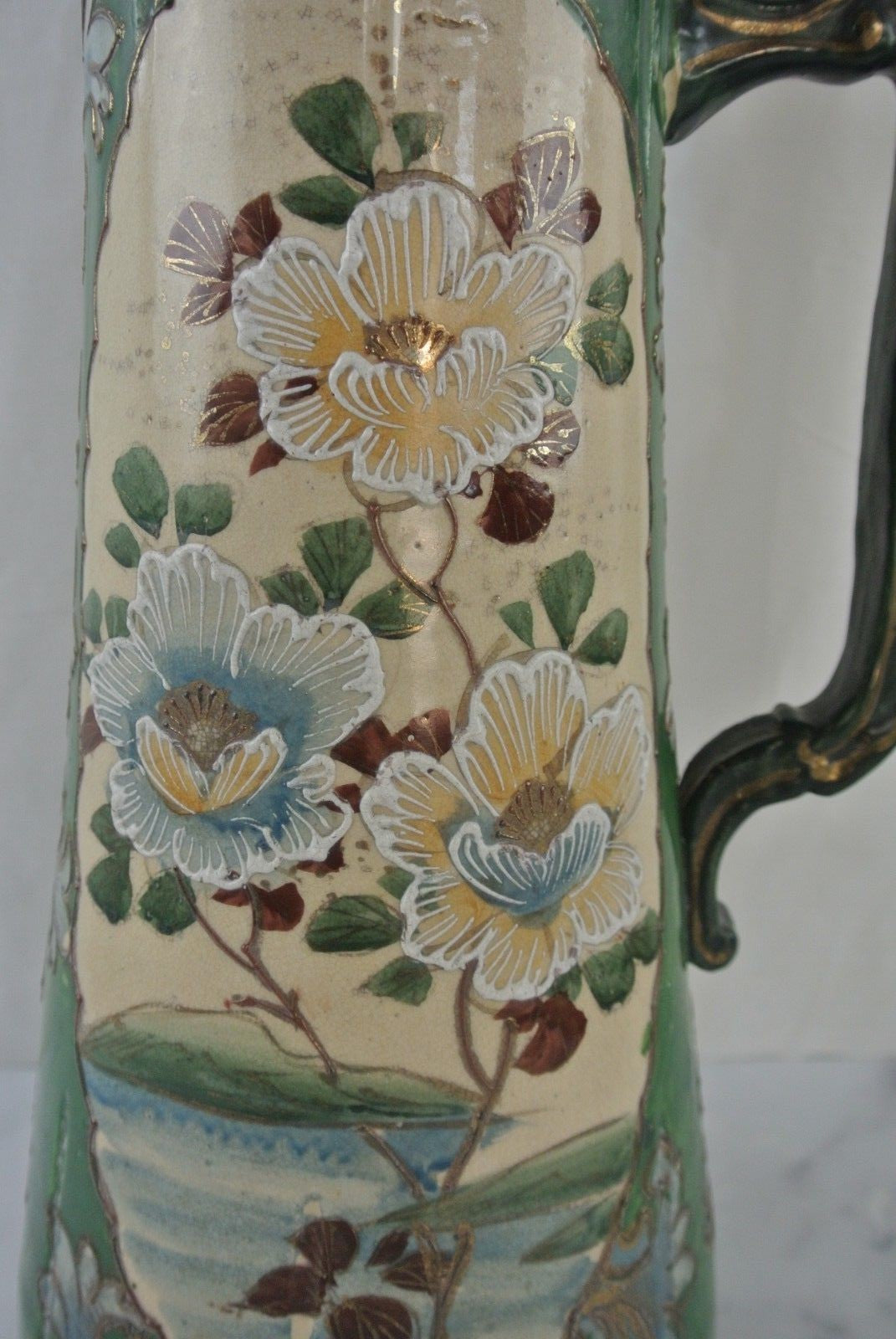 Japanese Satsuma Hand Painted Slipware Earthenware Ewer 16" High