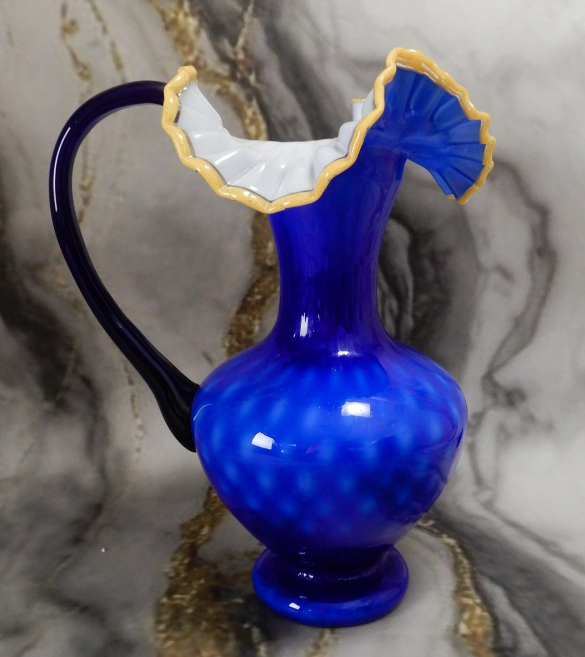 Arte Murano Kristall Mery Art Glass 13-3/4" Tall Pitcher Cobalt Blue,Yellow Rim