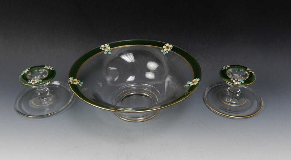 Indiana Glass Co Enamel Hand Painted Vegetable Serving Bowl w/ Candle Holders