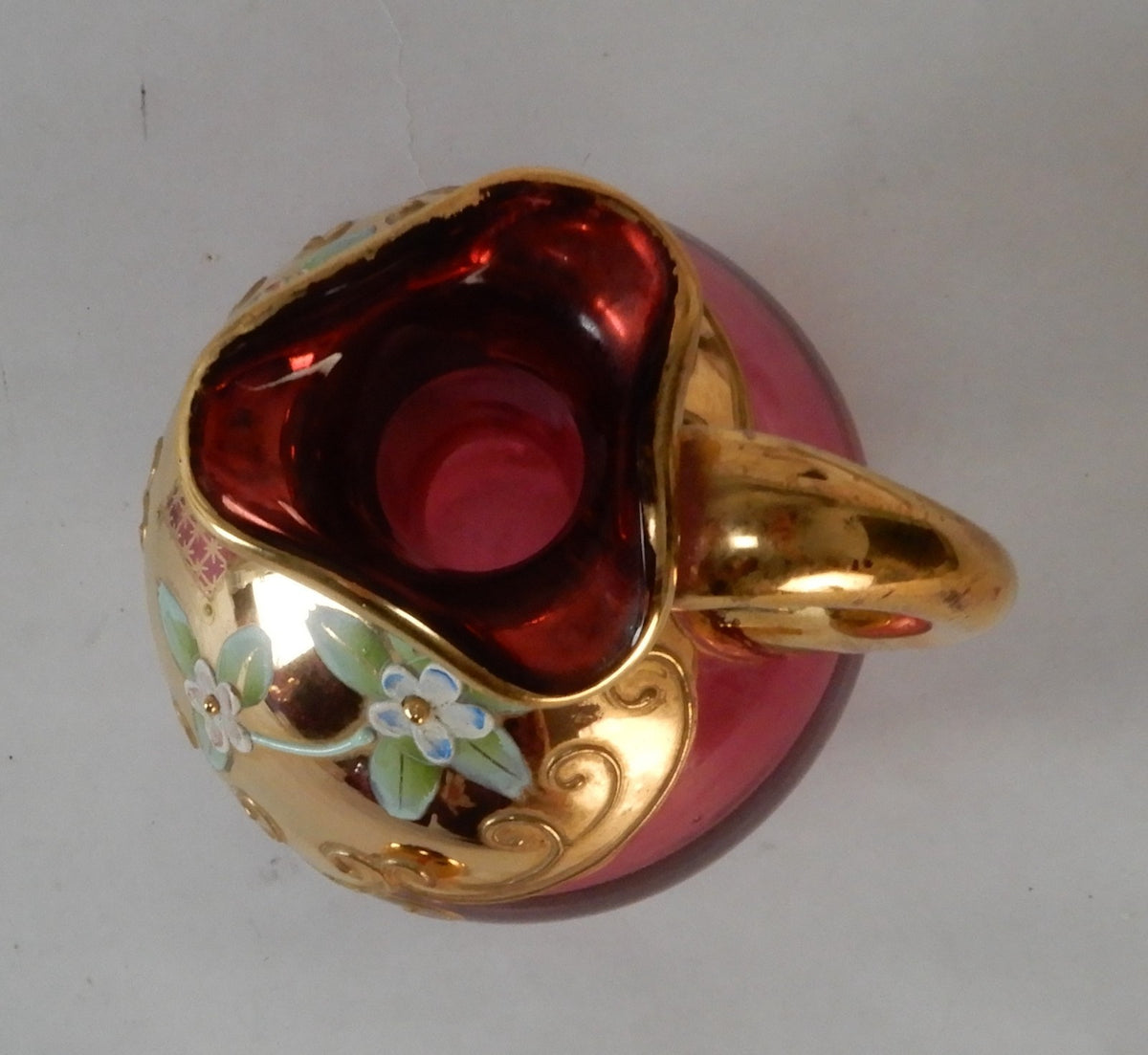 Vintage Glass Czech Bohemia Hand-Painted Red Cruet with Stopper