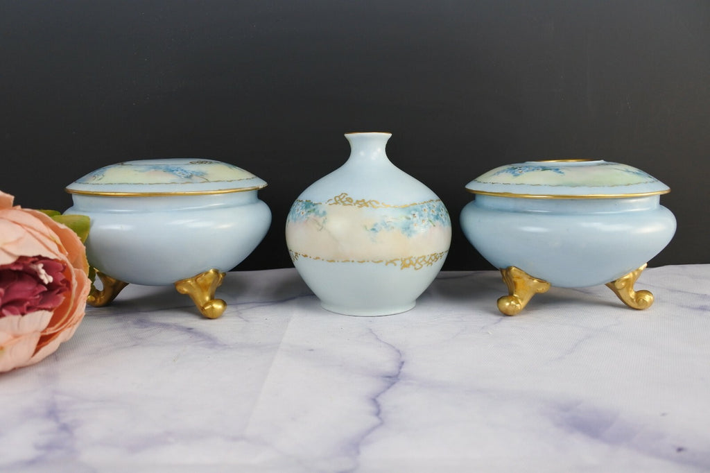 O.& E.G. Royal Porcelain Flower Vase, Hair Receiver, And Powder Jar Vanity Set