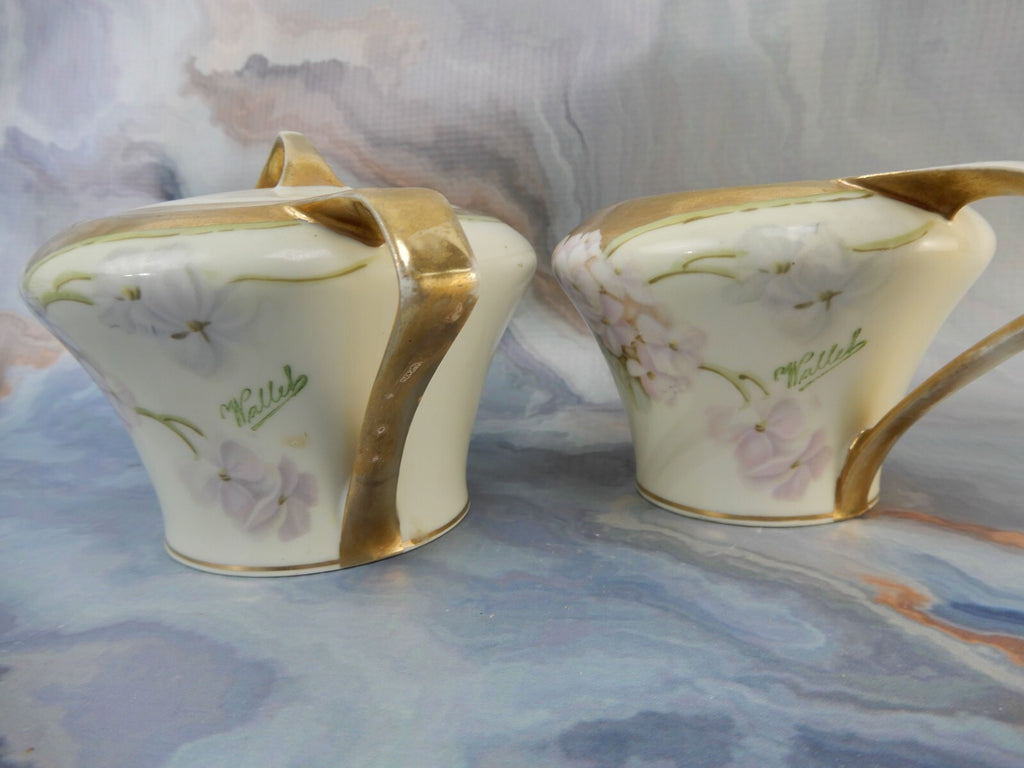 RS Germany Hand Painted Porcelain Sugar Bowl and Creamer Signed By The Artist