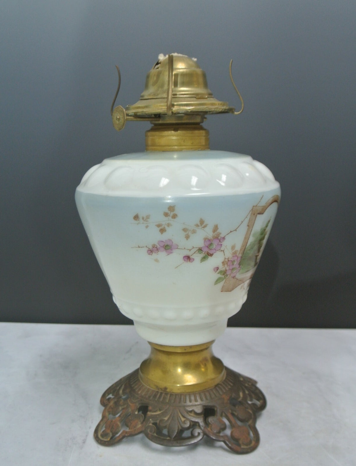 Vintage White Hurricane Lamp Base Hand-Painted Milk Glass For Repair