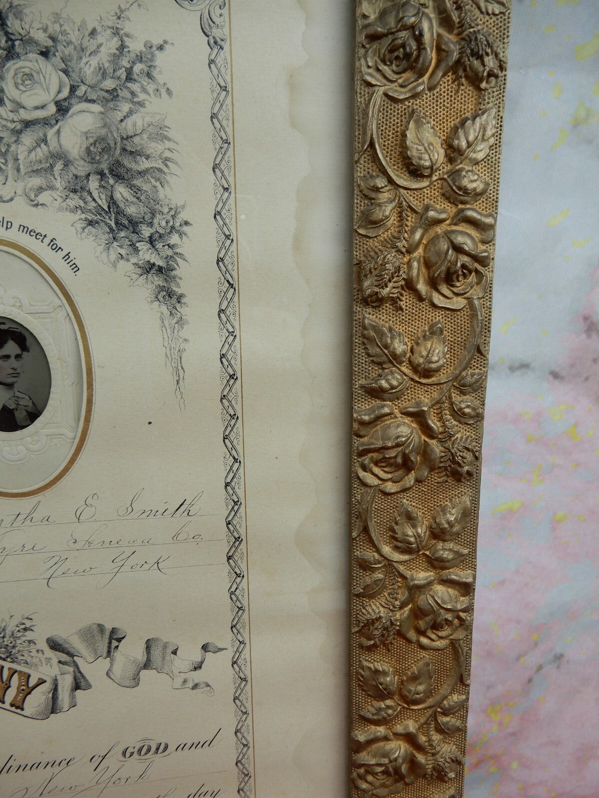 Circa 1872 Marriage Certificate in Gold Embossed Wood Hand Painted 22" Frame