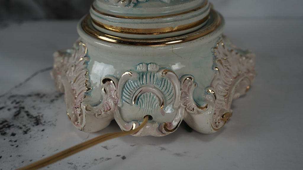 Vintage Porcelain Floral Capodimonte 3 way Light Italian Table Lamp w/Cherubs
