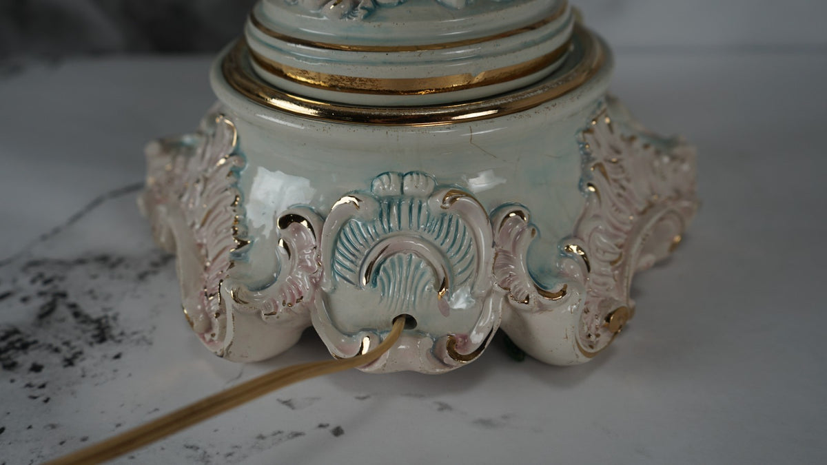 Vintage Porcelain Floral Capodimonte 3 way Light Italian Table Lamp w/Cherubs