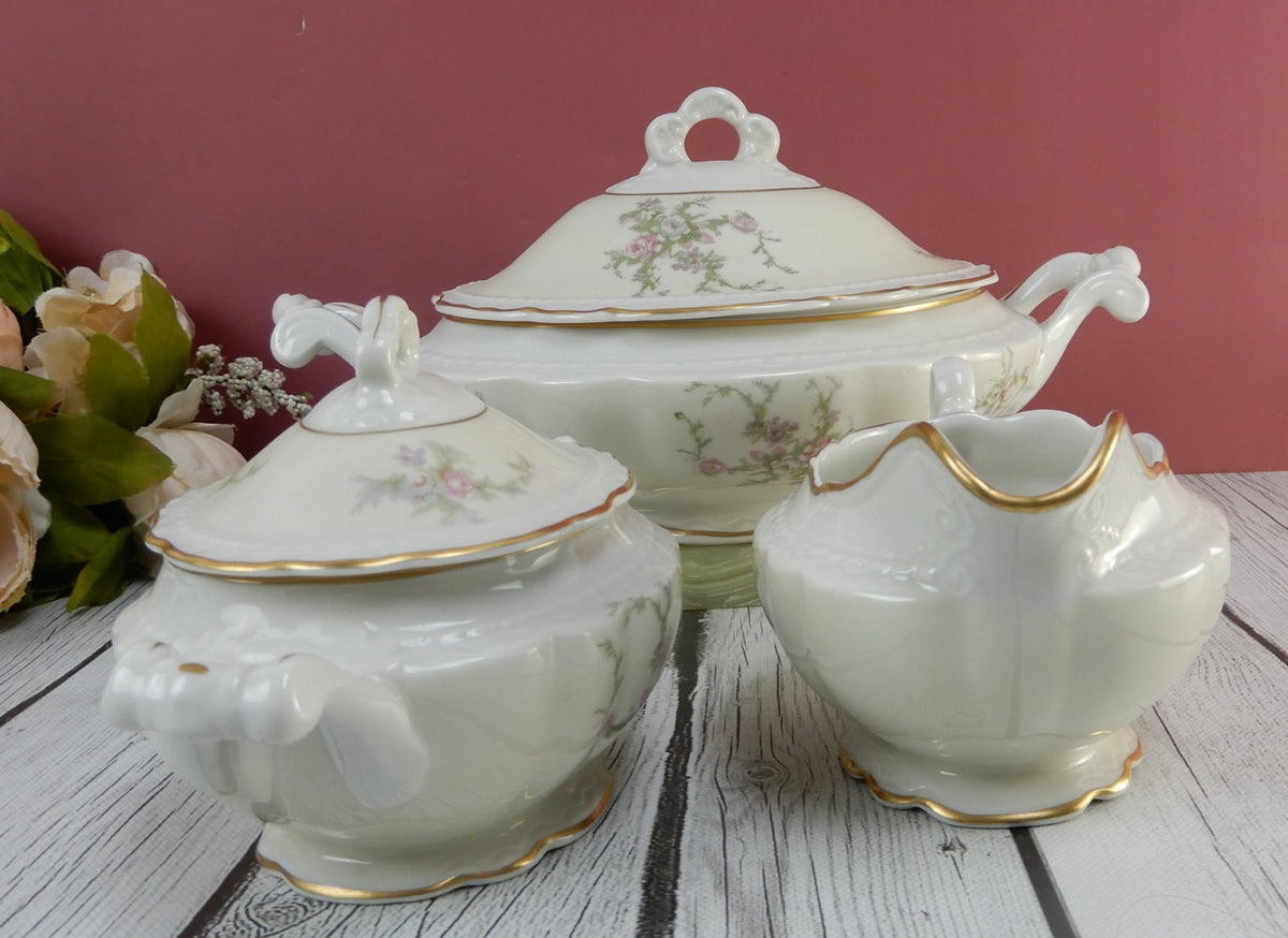 Vtg. Arcadian Fine China "Old Rose" Covered Vegetable Bowl ,Creamer & Sugar Bowl