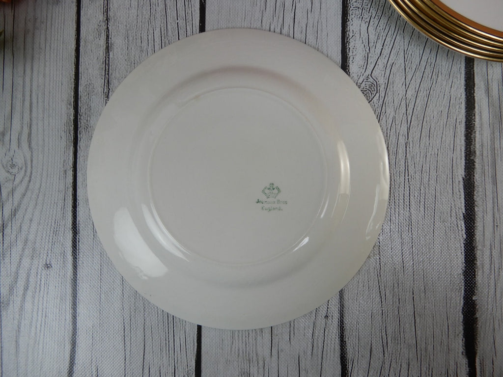 Lot of 6 Johnson Brothers England White Gold  and Black Rims 8" Salad Plates
