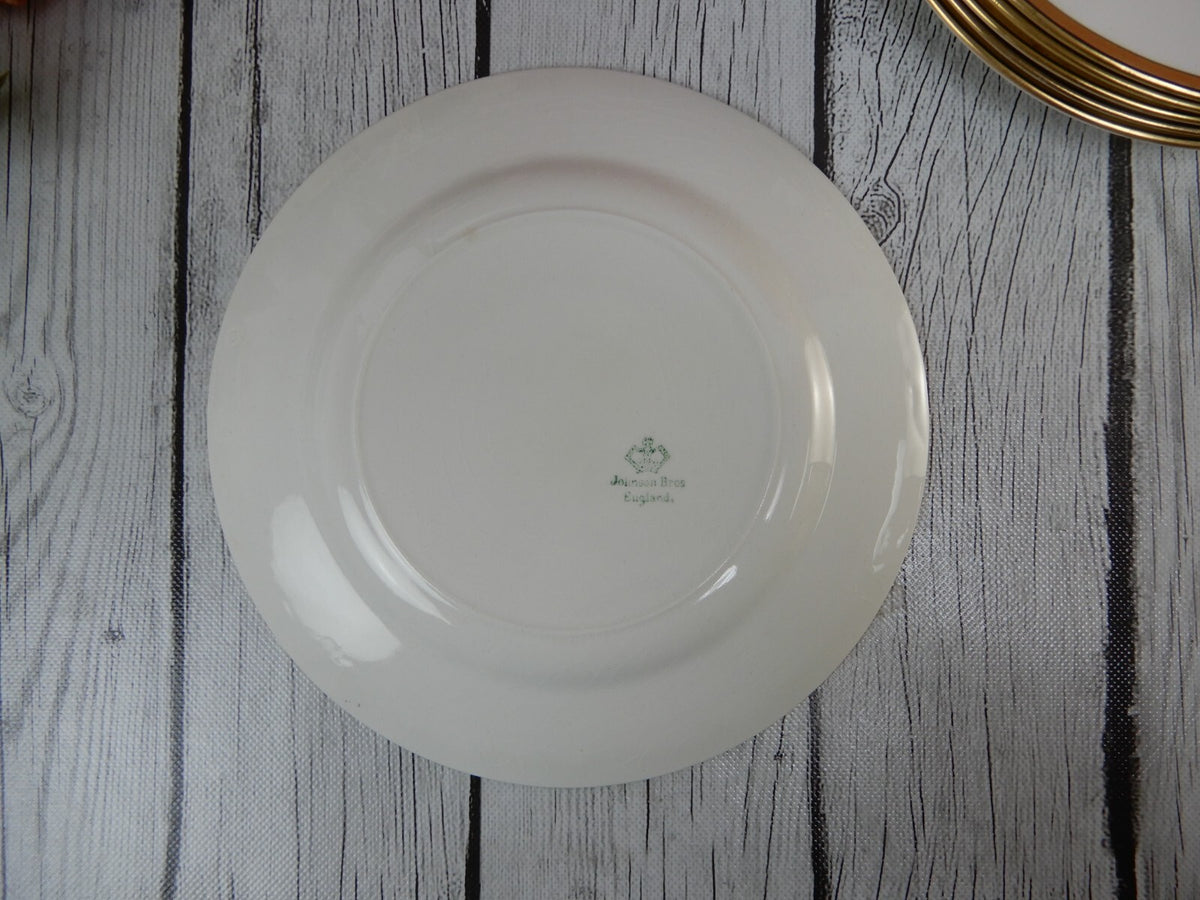 Lot of 6 Johnson Brothers England White Gold  and Black Rims 8" Salad Plates