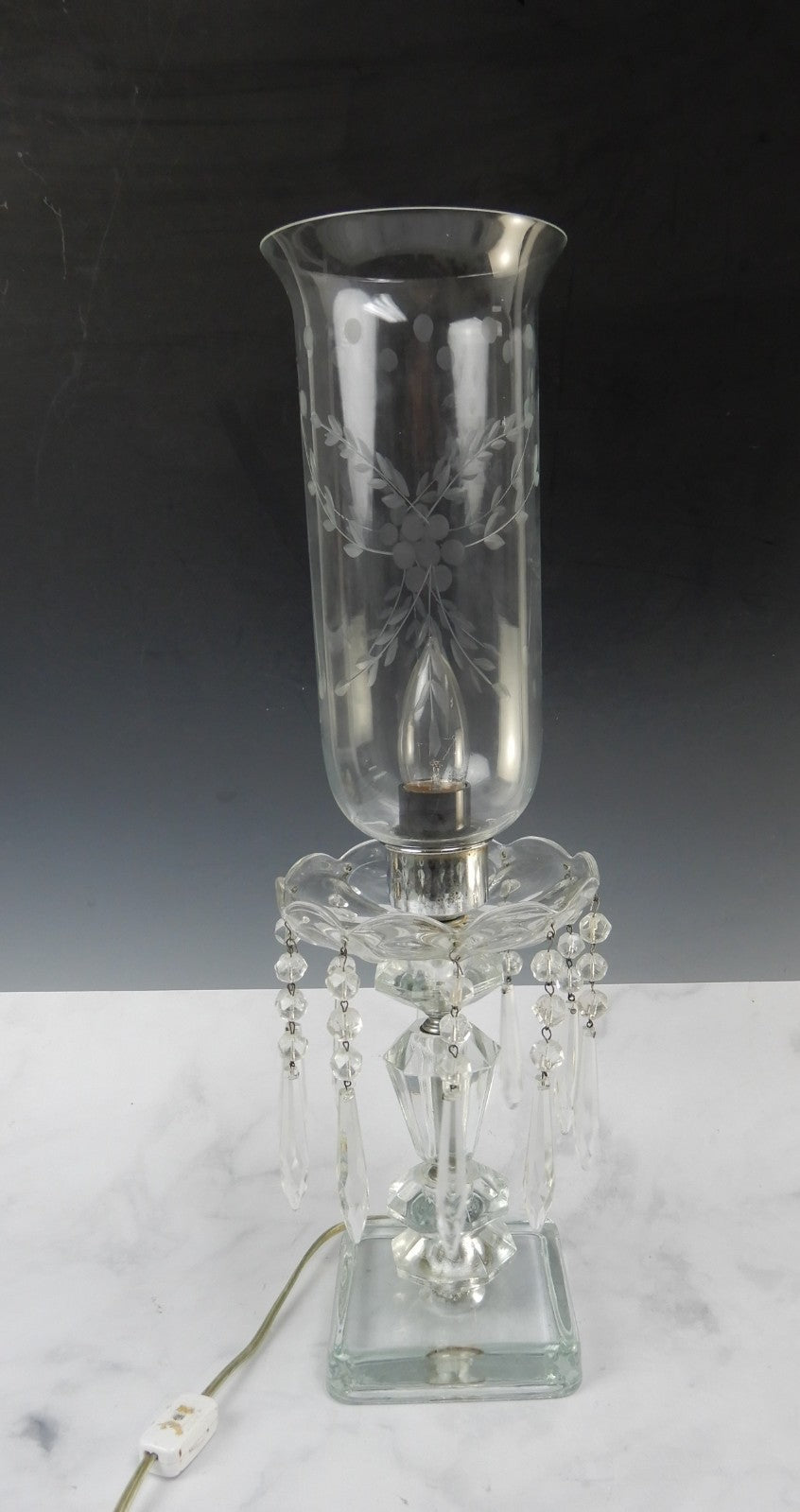 Vintage Crystal Regency Table Lamp W/Hanging Prisms 18-3/4" Tall