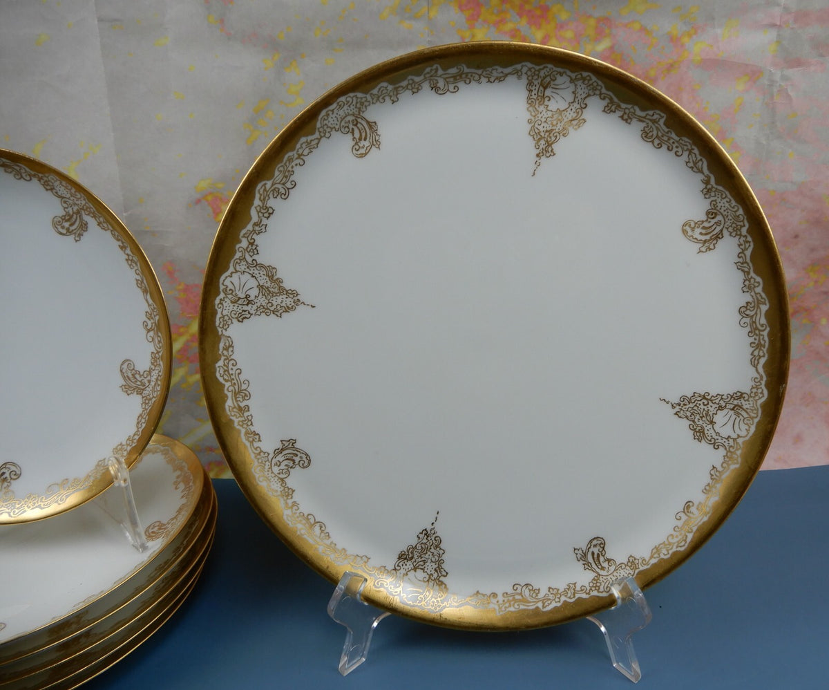 Antique Haviland France Gold Rim Cake Plate and 6 Dessert Plates