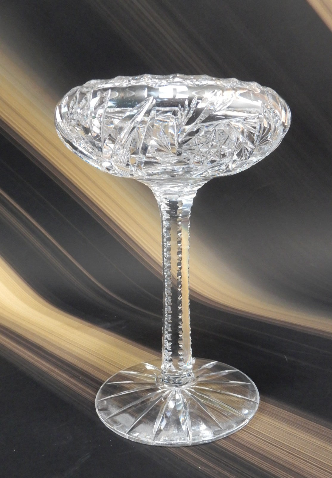 Vintage American Brilliant Cut Glass Sunburst Compote 7-1/4" Tall
