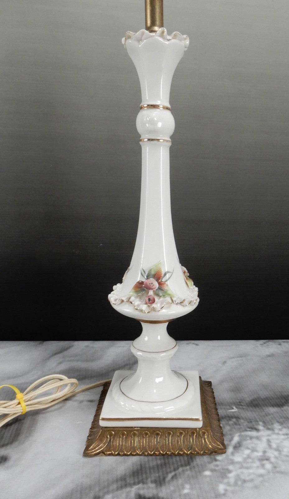 Vintage Porcelain Boudoir Table 3-Way Lamp with Applied Flowers 27" Tall