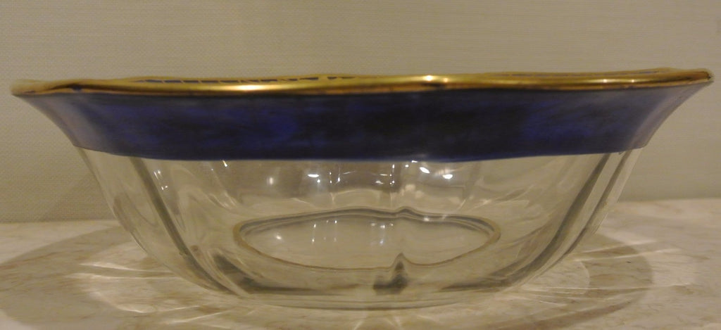Blue Gold Glass Bowl, Clear Center, German Style (9" Diameter)