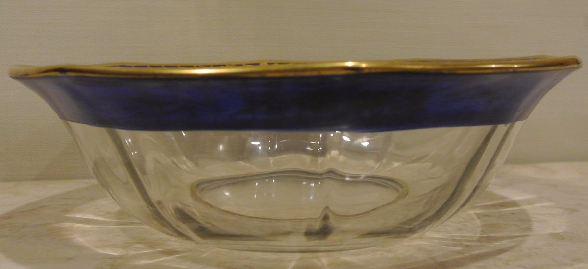 Blue Gold Glass Bowl, Clear Center, German Style (9" Diameter)