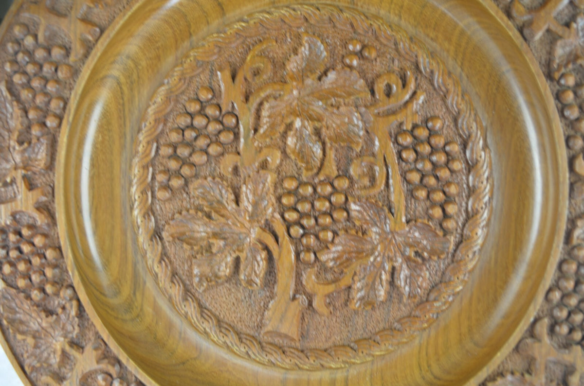 Vintage Large 19" Hand-Carved, Brown Wood Plate with Grape Vines/ Wall Art Decor