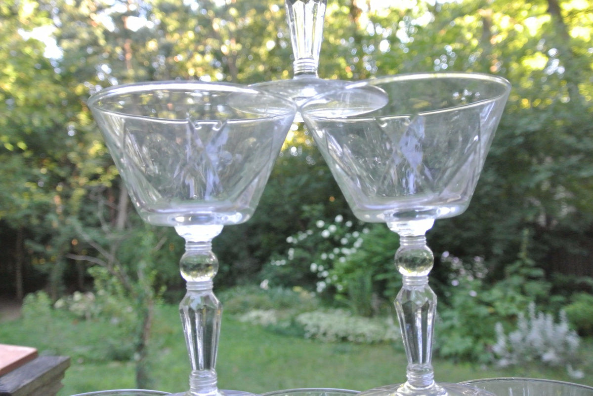 6 CLEAR CRYSTAL Champagne Sherbet glasses w/ THUMBPRINT AND CRISS CROSS DESIGNS