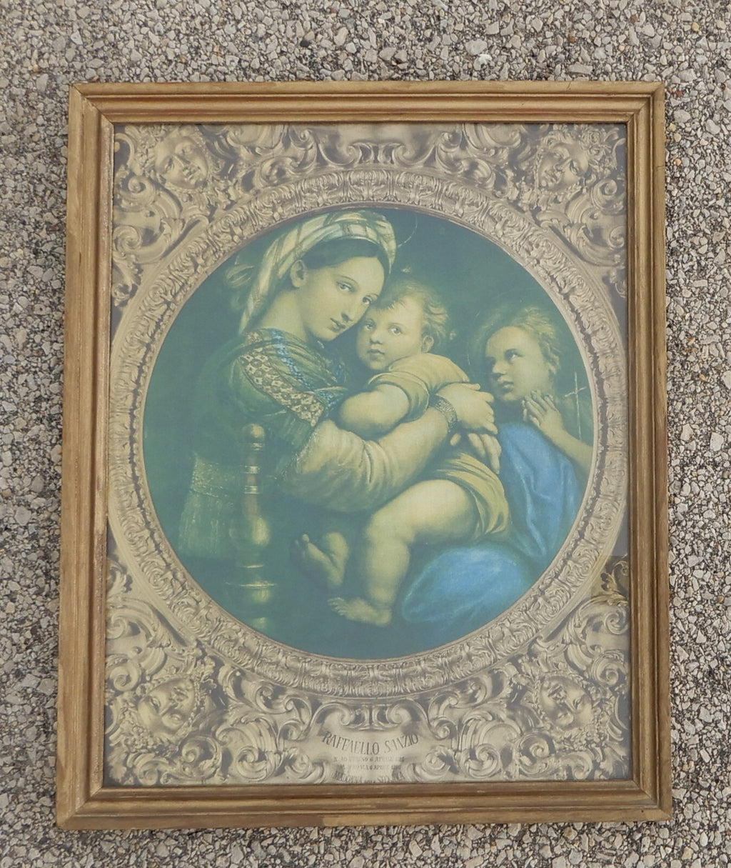 Antique Large Wooden Framed with Print o "Madonna della Sedia" by Raffaello