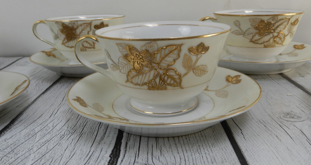 7 Gold Floral Anniversary Craftsman China Japan Cups & Sauces Set Pattern # 178
