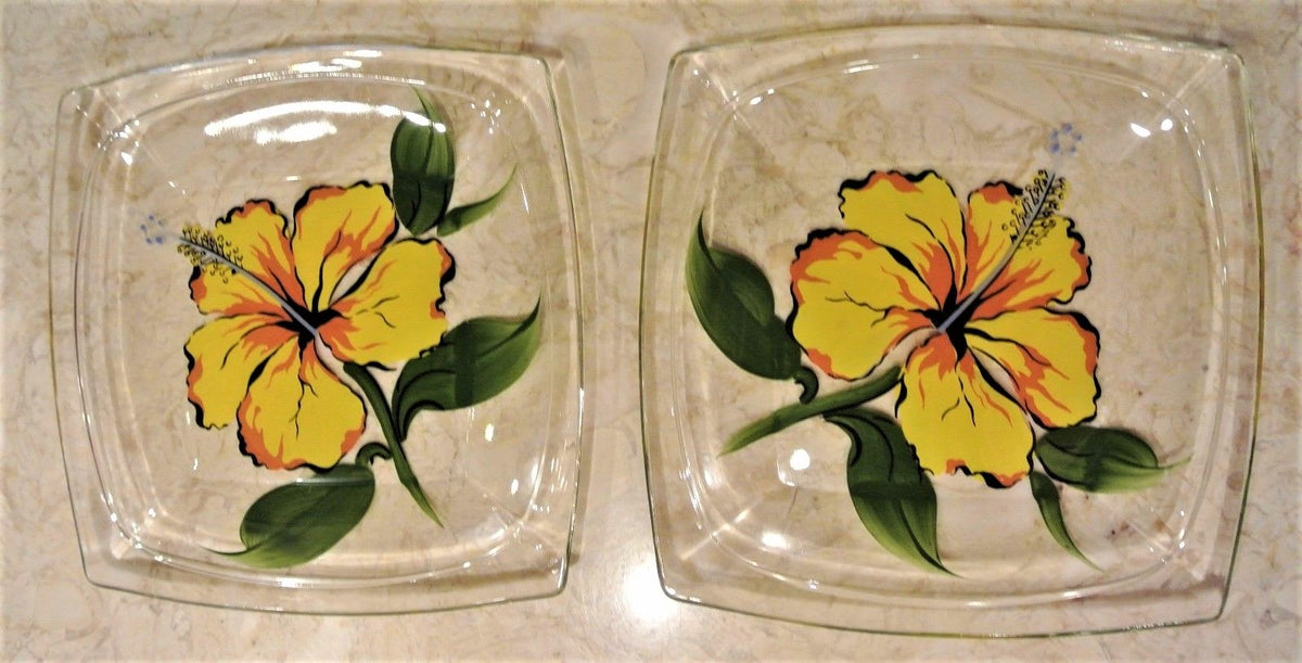 2 Vintage 1950s Hazel Atlas Gay Fad Design Square Luncheon Plate Yellow Flowers