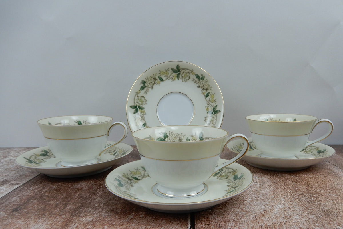 Vintage Noritake Morimura 5020 White Rose and Leaf Set of 3 Cups and Saucers