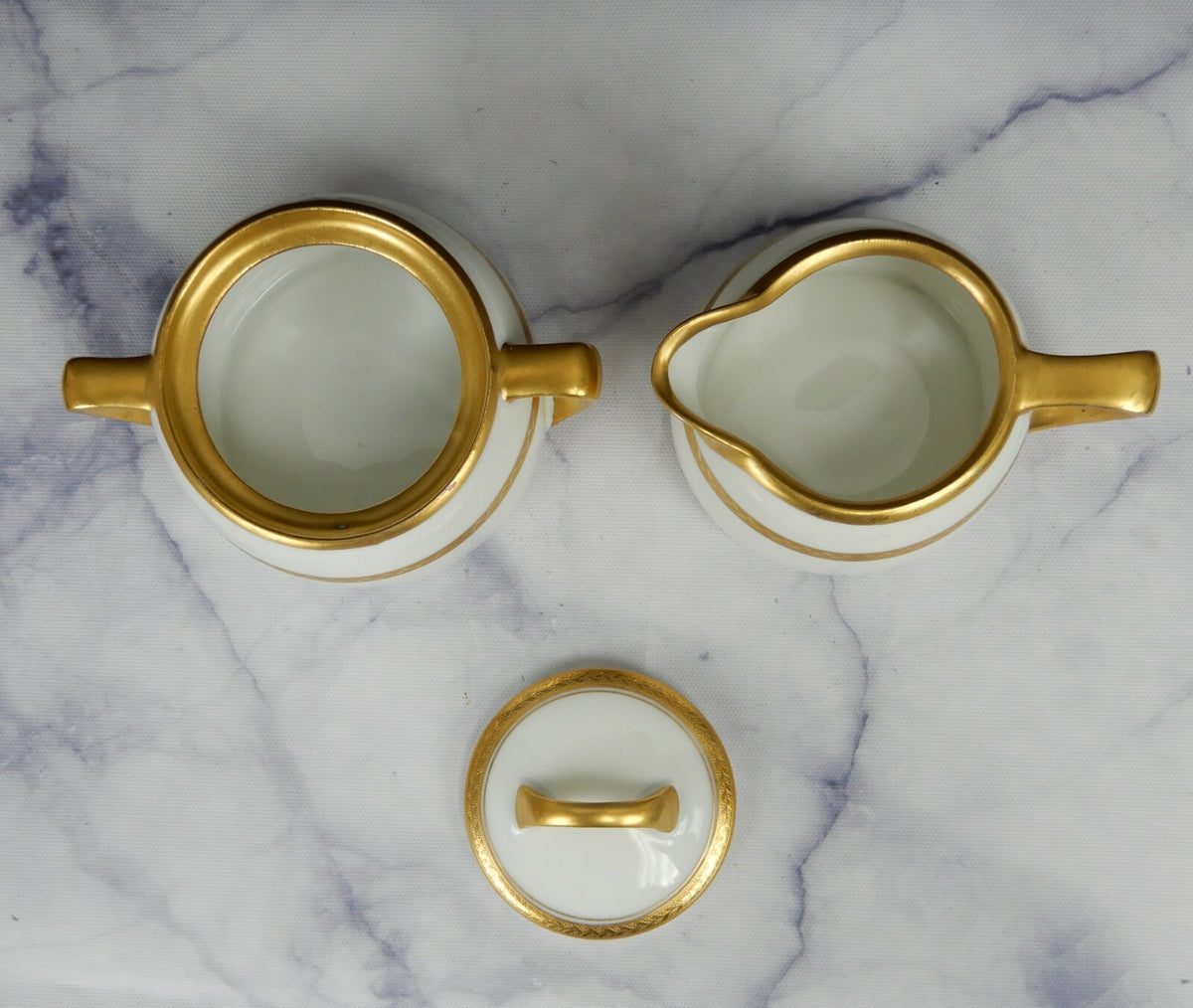 Vintage Pickard White and Gold Rims Porcelain Cream And Sugar Bowl
